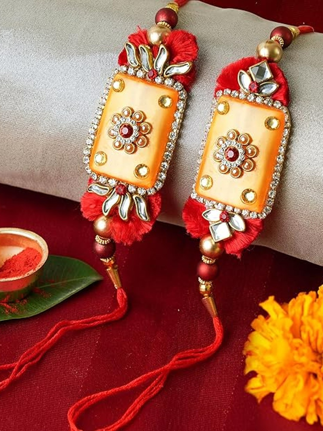 

TIED RIBBONS Set of 2 Handcrafted Rakhi with Roli Chawal & Card Combo Set, Multi