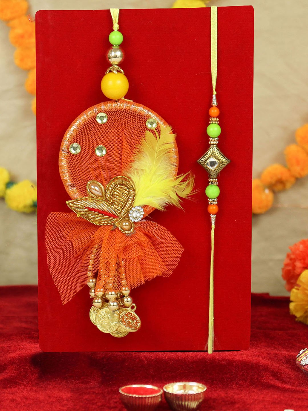 

TIED RIBBONS Bhaiya Bhabhi Lumba Rakhi Set with Card & Roli Chawal, Multi