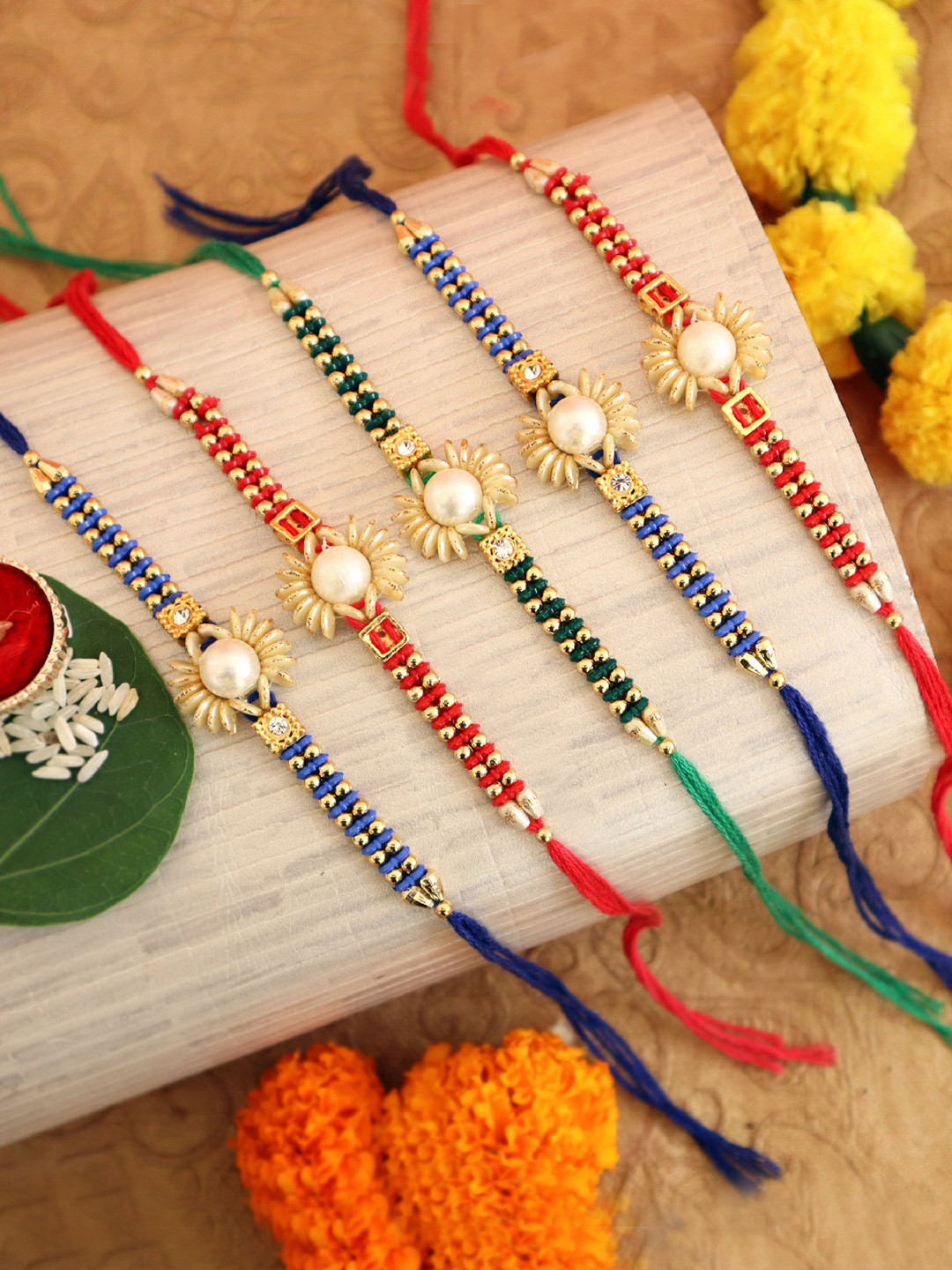

TIED RIBBONS Set of 5 Rakhi with Greeting Card & Roli Chawal Gift Set, Multi
