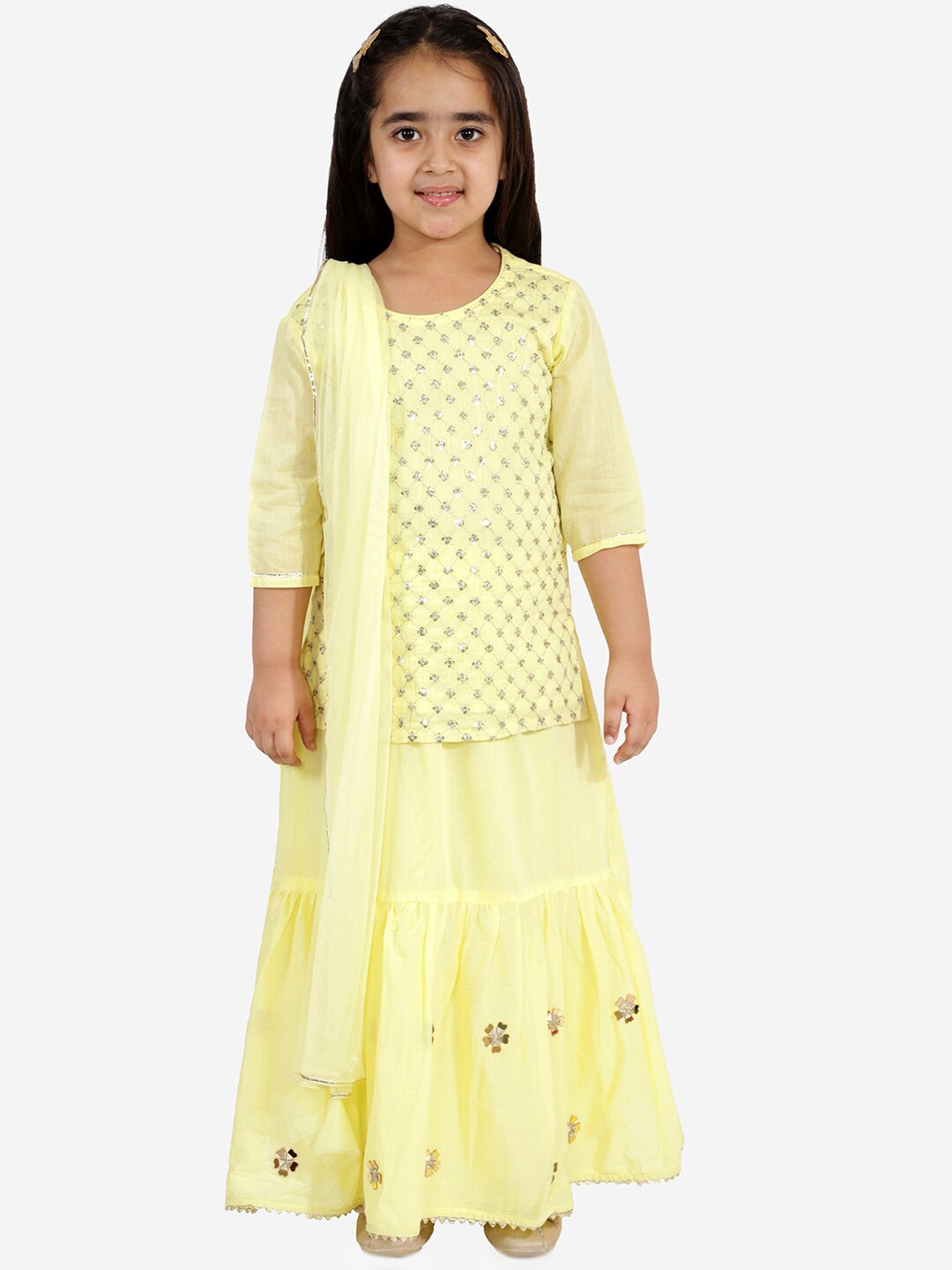 

LIL DRAMA Girls Yellow Embellished Sequinned Ready to Wear Lehenga & Blouse With Dupatta