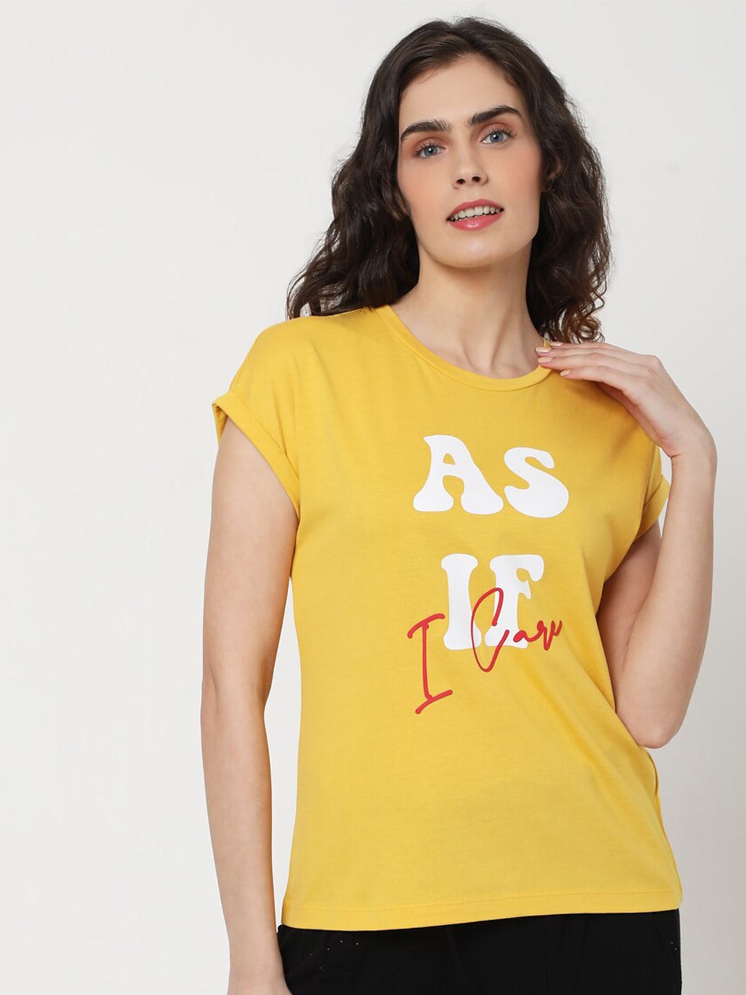 

Vero Moda Women Yellow Typography Printed Extended Sleeves T-shirt