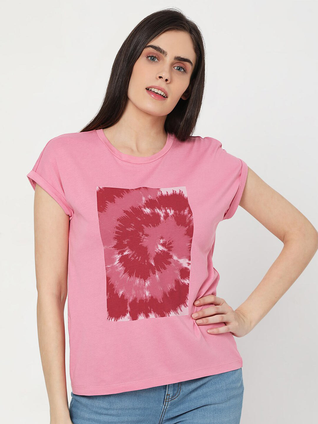 

Vero Moda Women Pink Tie-Dye Printed Extended Sleeves T-shirt