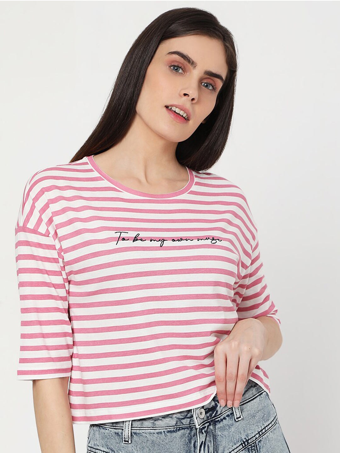 

Vero Moda Women Pink Striped Extended Sleeves T-shirt