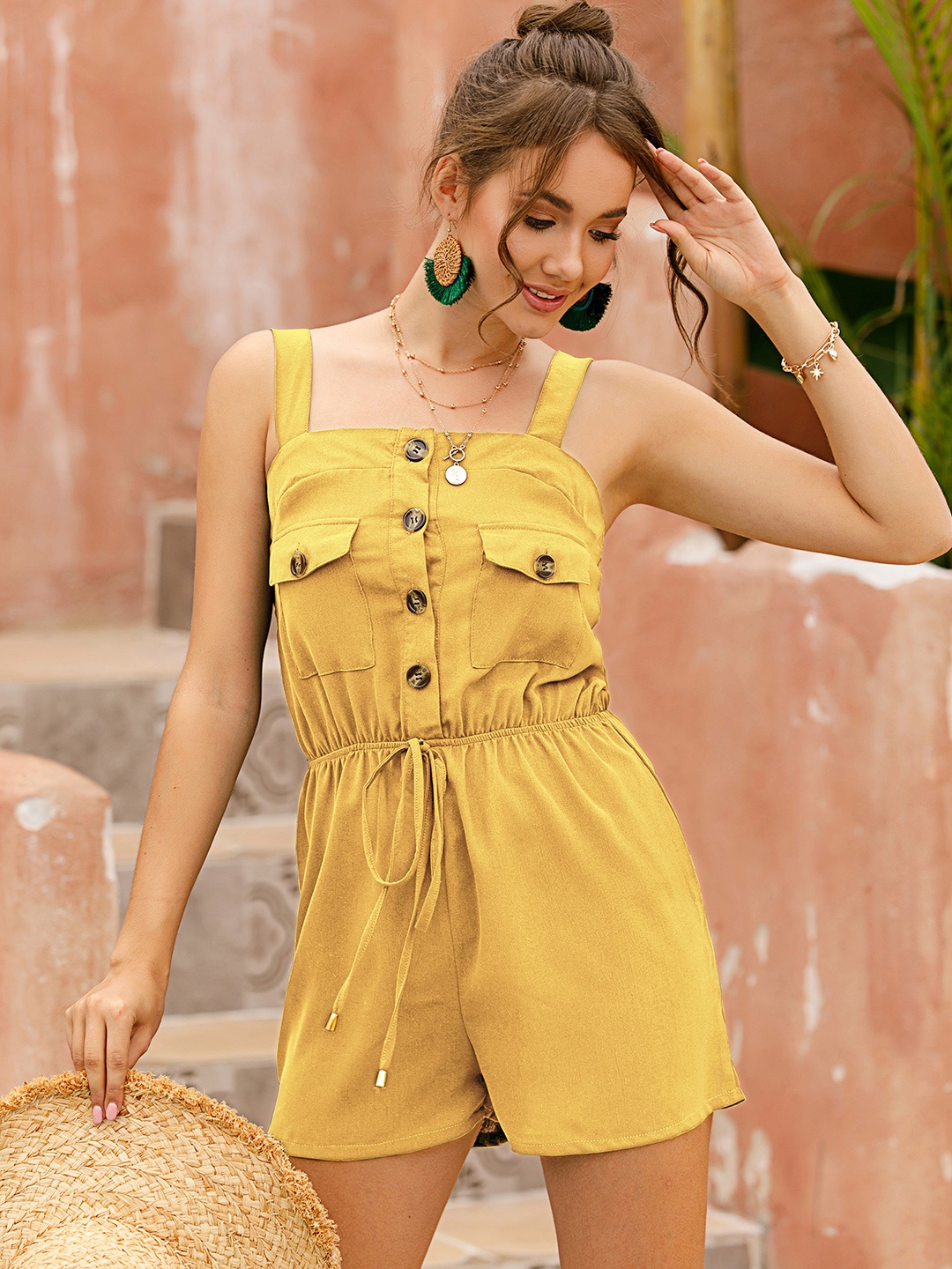 

URBANIC Women Mustard Yellow Solid Playsuit