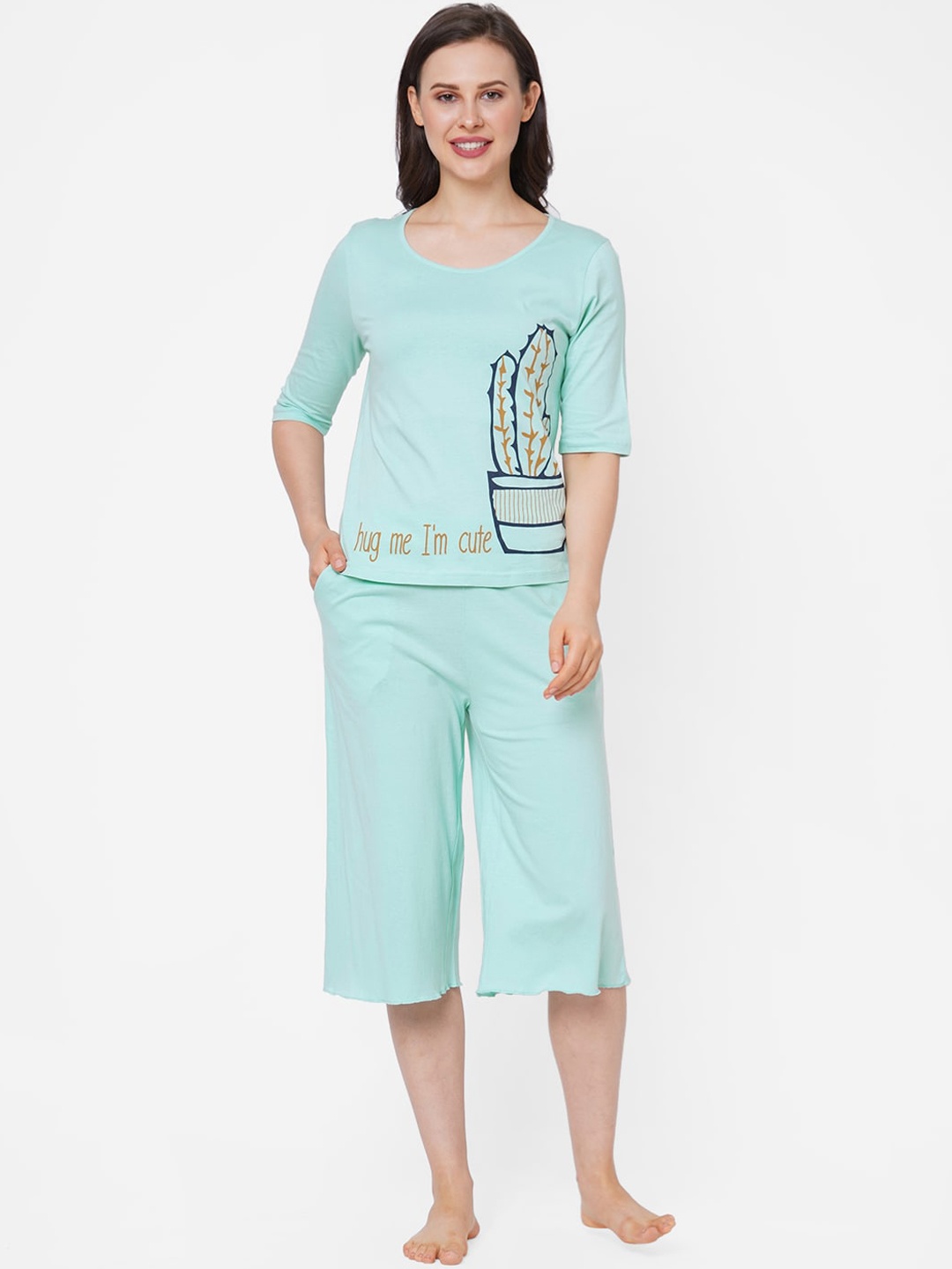 

Mystere Paris Women Sea Green & Navy Blue Printed Night Suit