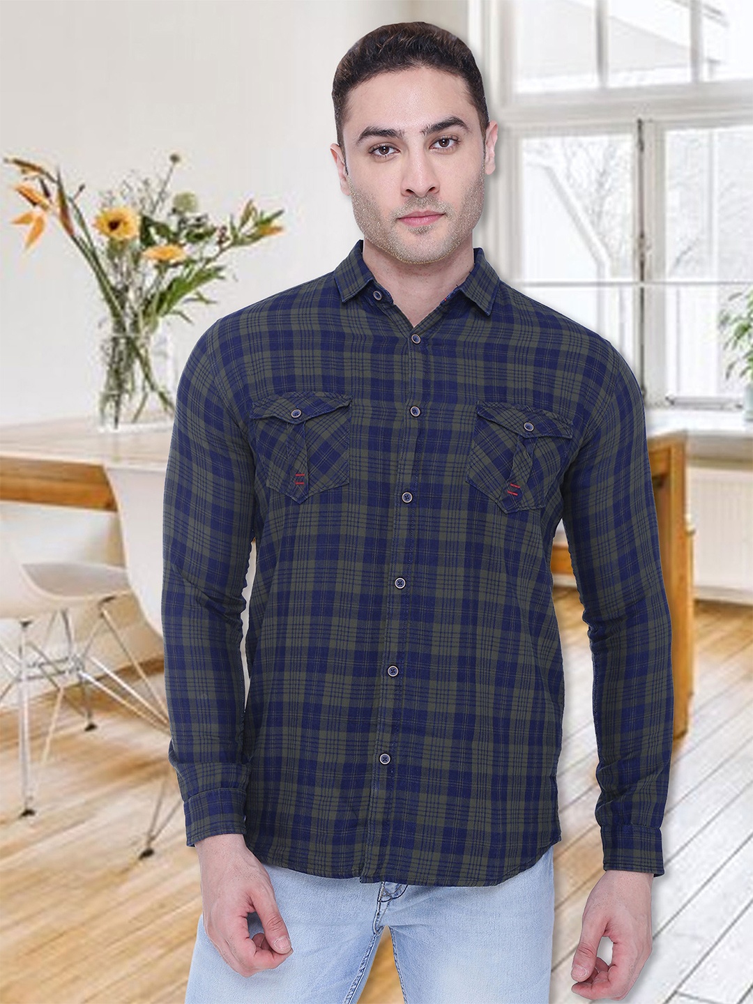 

Kuons Avenue Men Olive Green & Blue Slim Fit Opaque Checked Casual Shirt