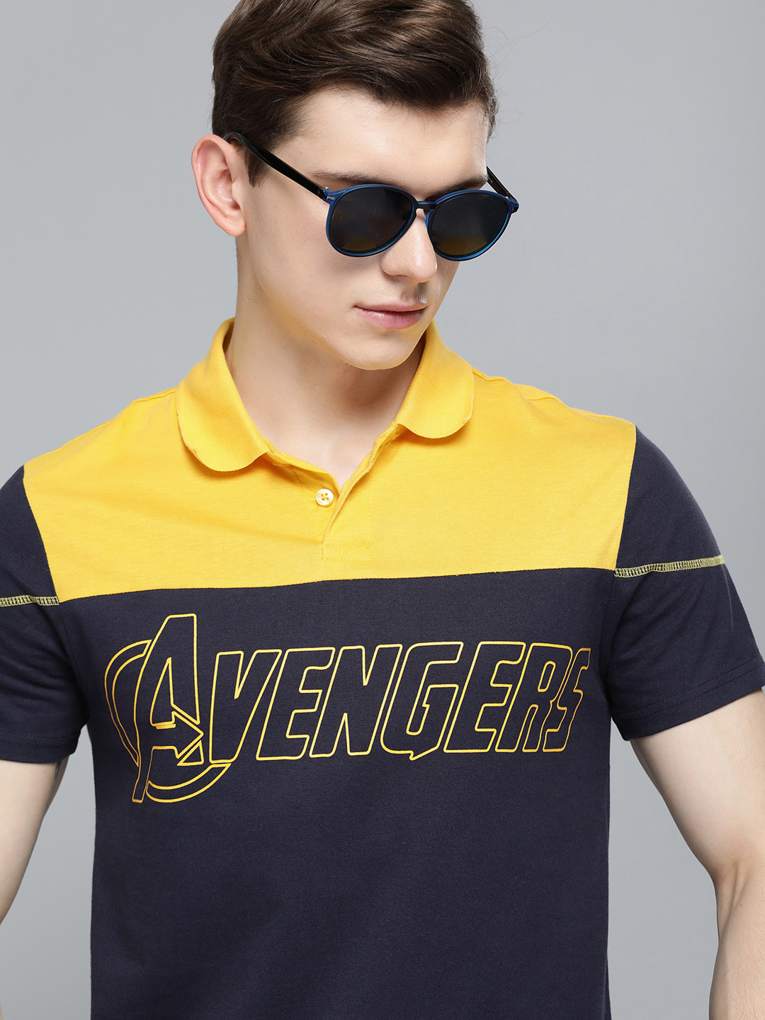 

Kook N Keech Marvel Men Navy Blue & Yellow Avengers Colourblocked Cotton T-shirt