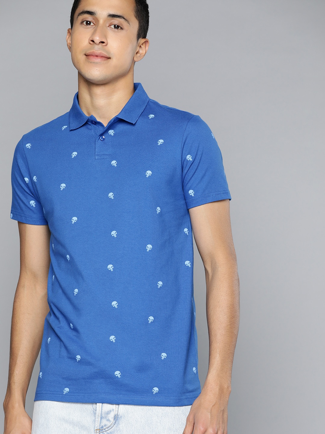 

Kook N Keech Marvel Men Blue Printed Polo Collar Pure Cotton T-shirt