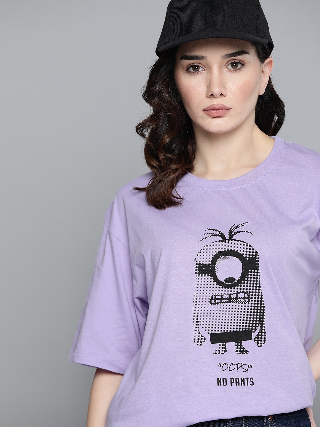 

Minions by Kook N Keech Women Purple & Black Minions Printed Pure Cotton T-shirt
