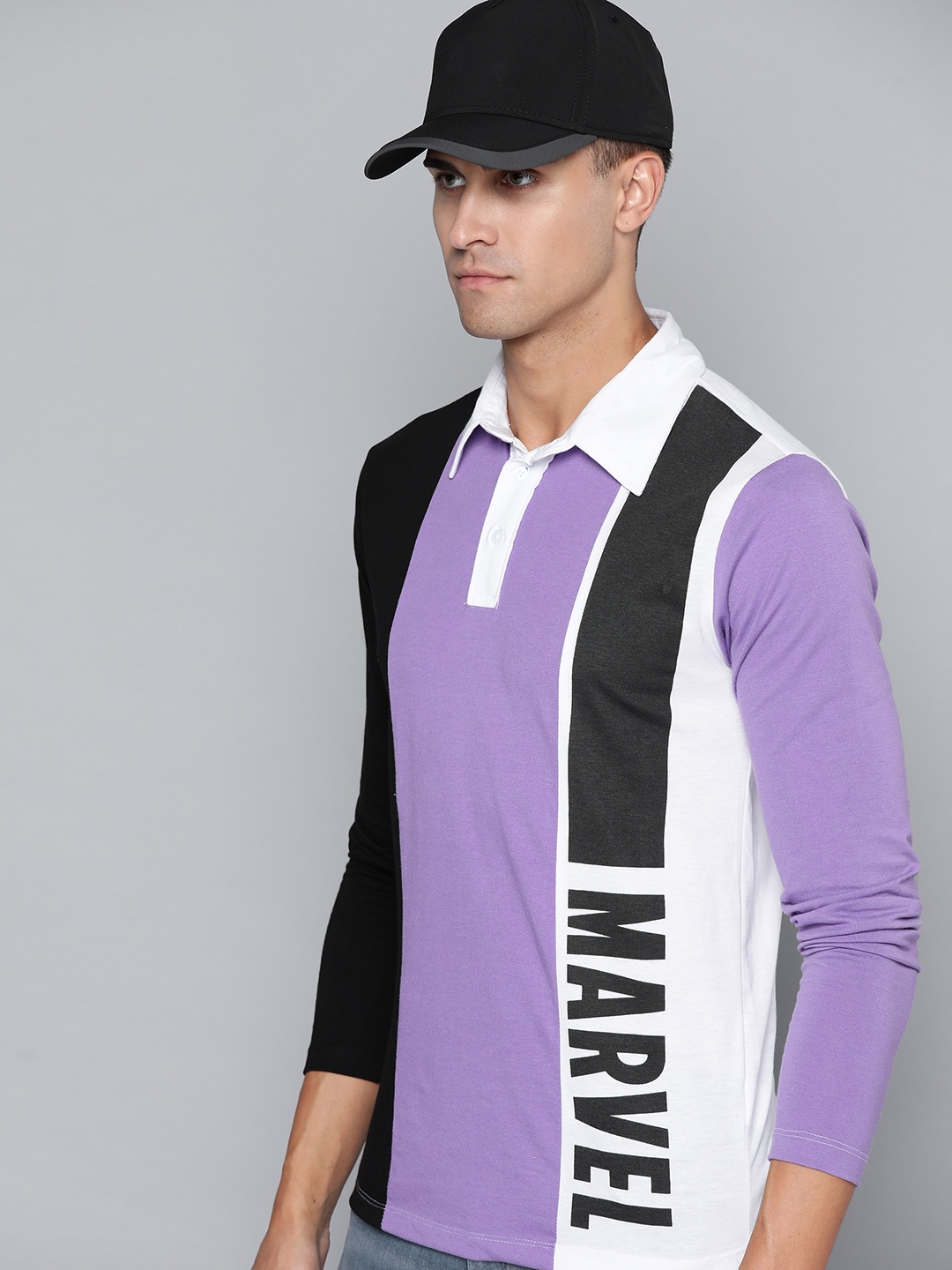 

Kook N Keech Marvel Men Violet & Black Colourblocked Polo Collar Pure Cotton T-shirt