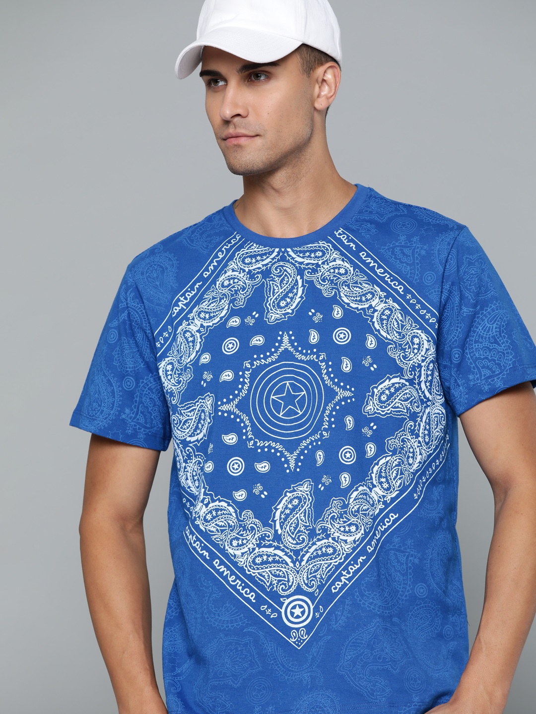 

Kook N Keech Marvel Men Blue & White Captain America Printed Bohemian Pure Cotton T-shirt