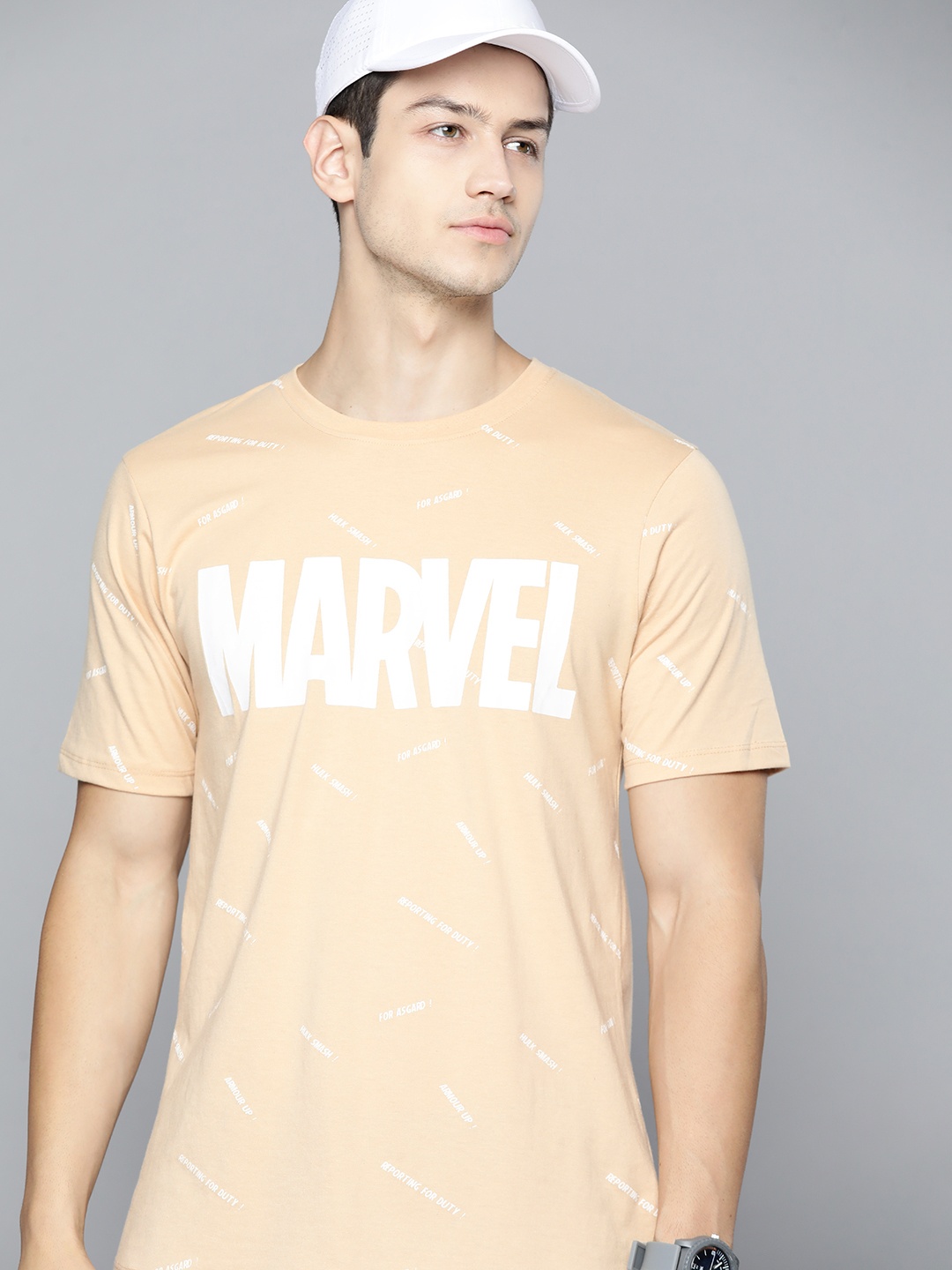 

Kook N Keech Marvel Men Beige & White Marvel Brand Logo Printed Pure Cotton T-shirt