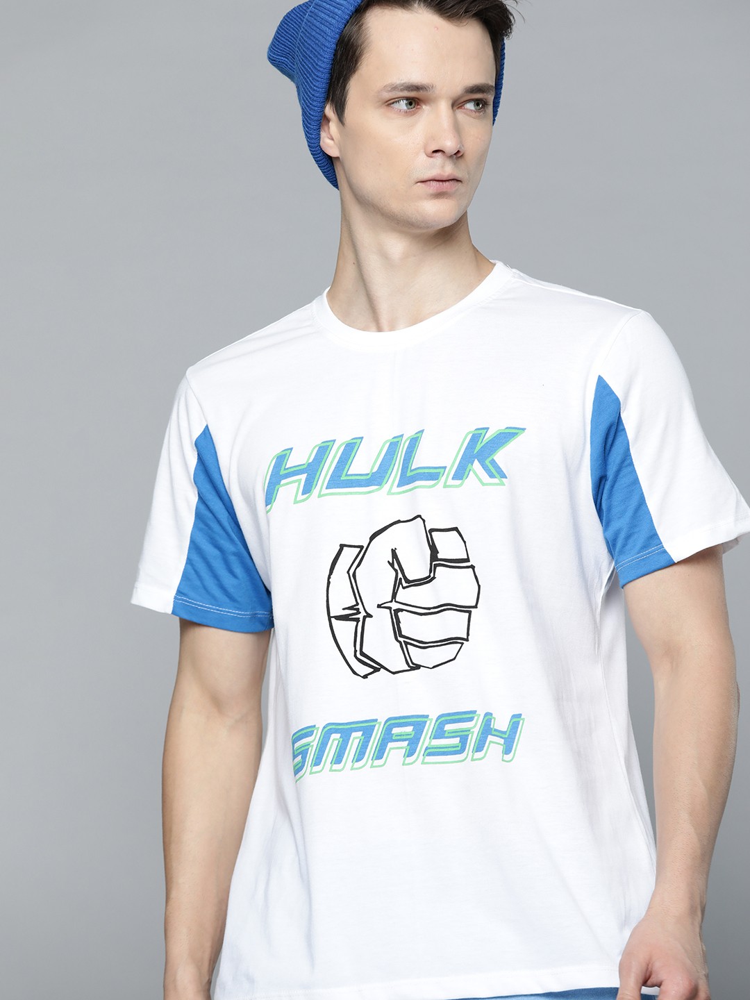 

Kook N Keech Marvel Men White & Blue Pure Cotton Hulk Printed T-shirt