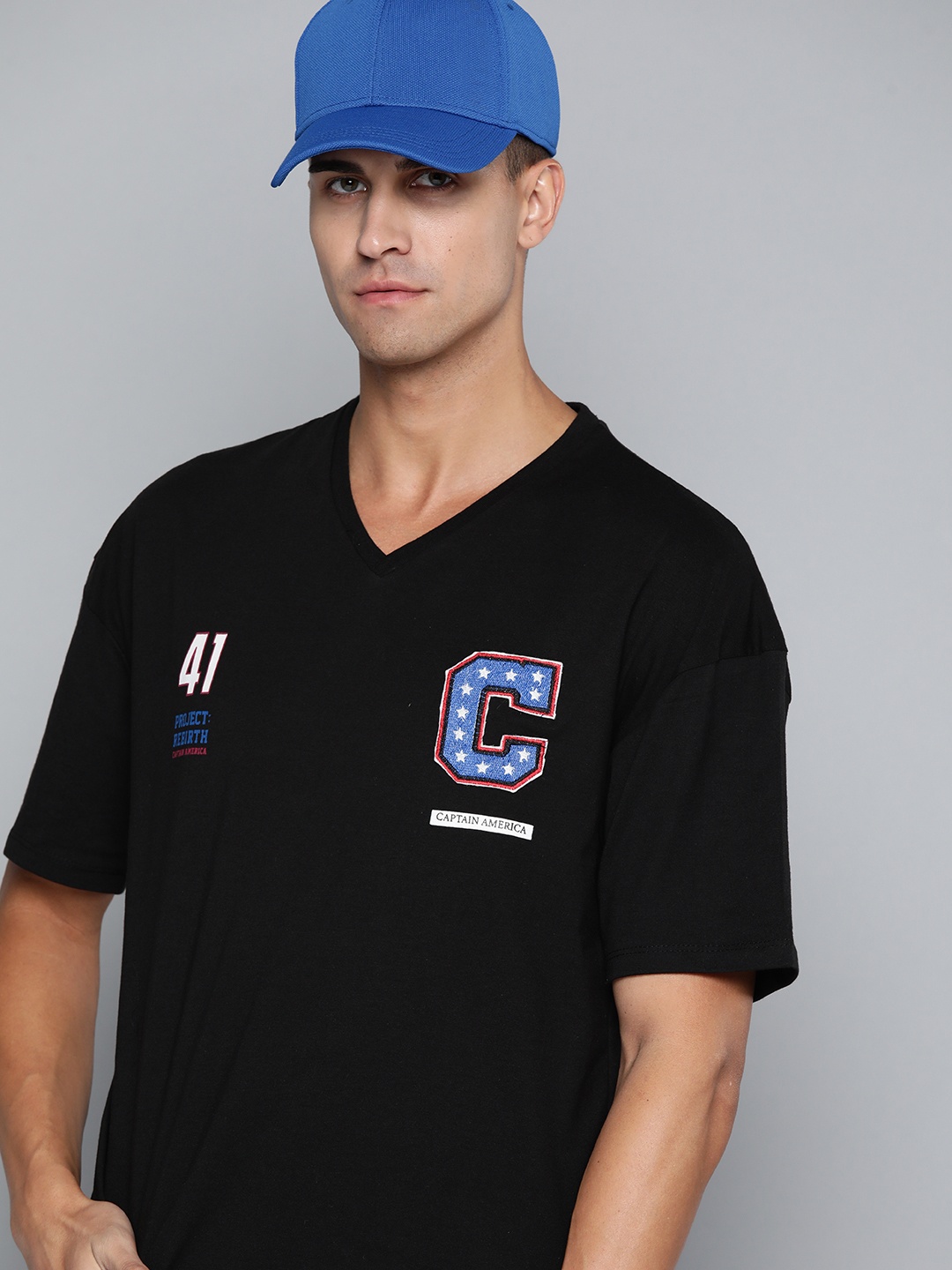 

Kook N Keech Marvel Men Black Captain America Printed V-Neck Pure Cotton Applique T-shirt