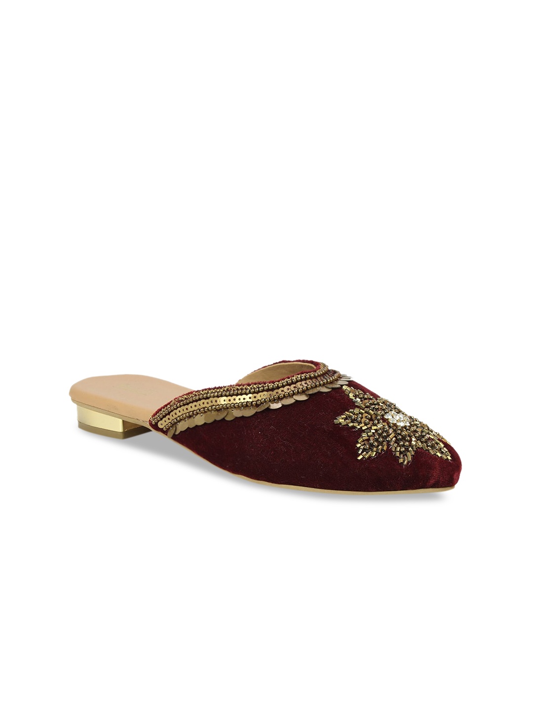 

Inc 5 Women Maroon Woven Design Sequins Embellished Block Mules