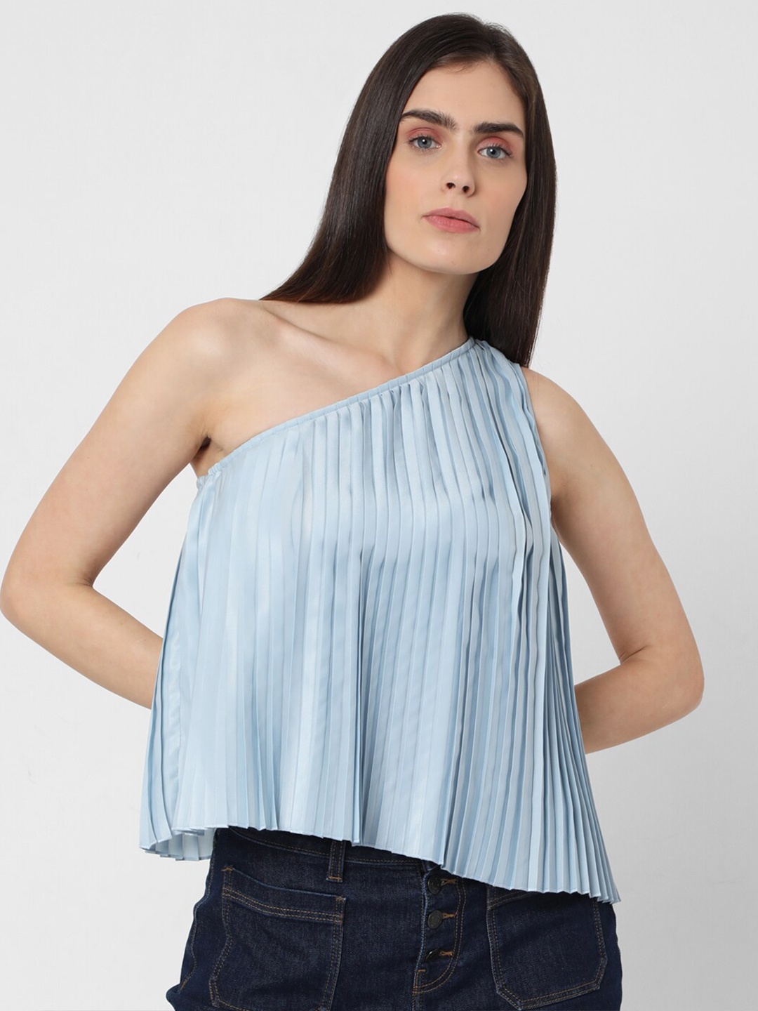 

Vero Moda Women Light Blue One Shoulder A-Line Crop Top