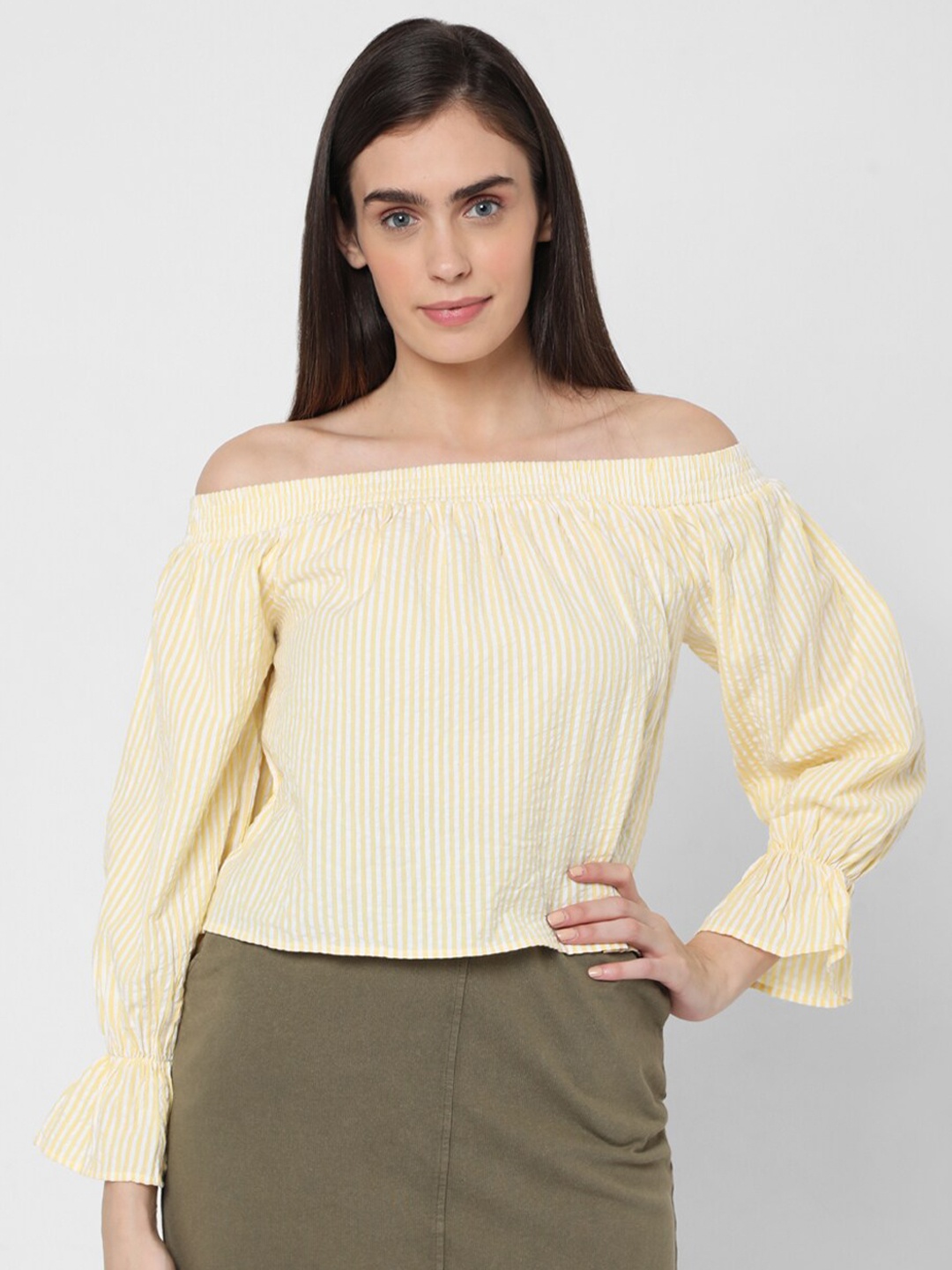 

Vero Moda Yellow Striped Off-Shoulder Bell Sleeve Bardot Top