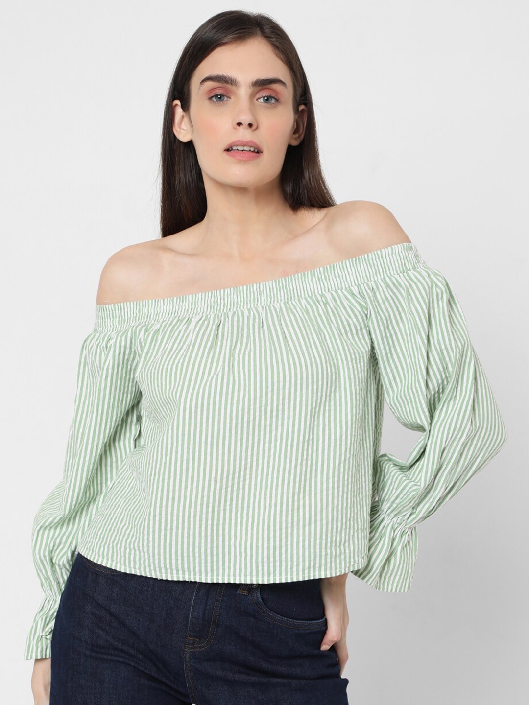 

Vero Moda Green Striped Off-Shoulder Bell Sleeve Bardot Top