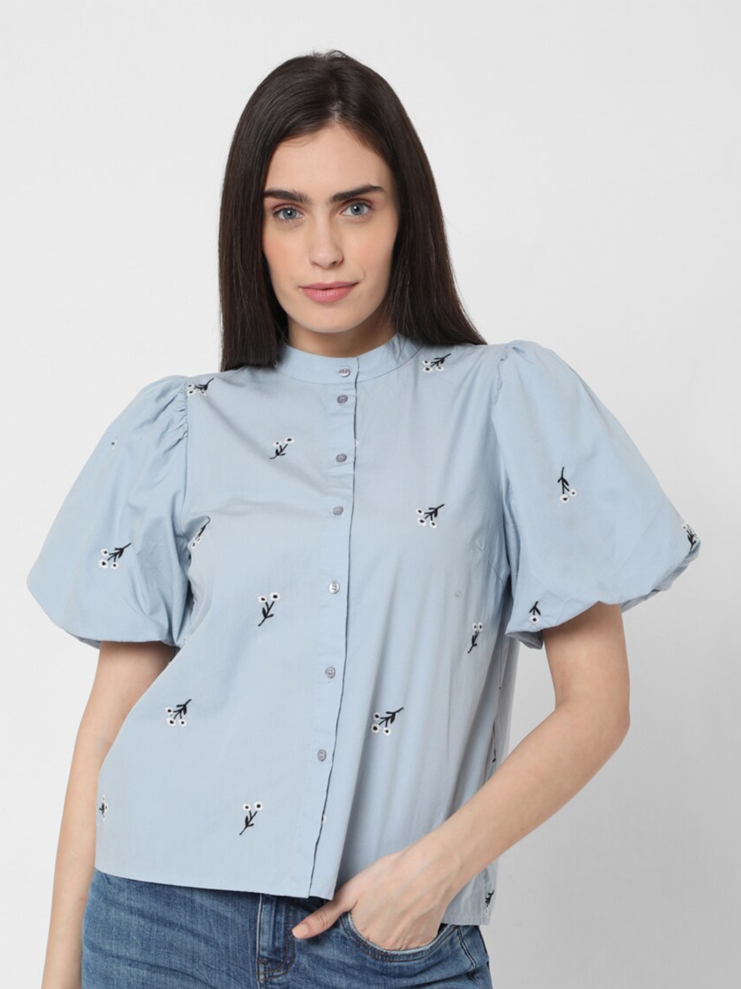 

Vero Moda Blue Mandarin Collar Flared Sleeve Shirt Style Top