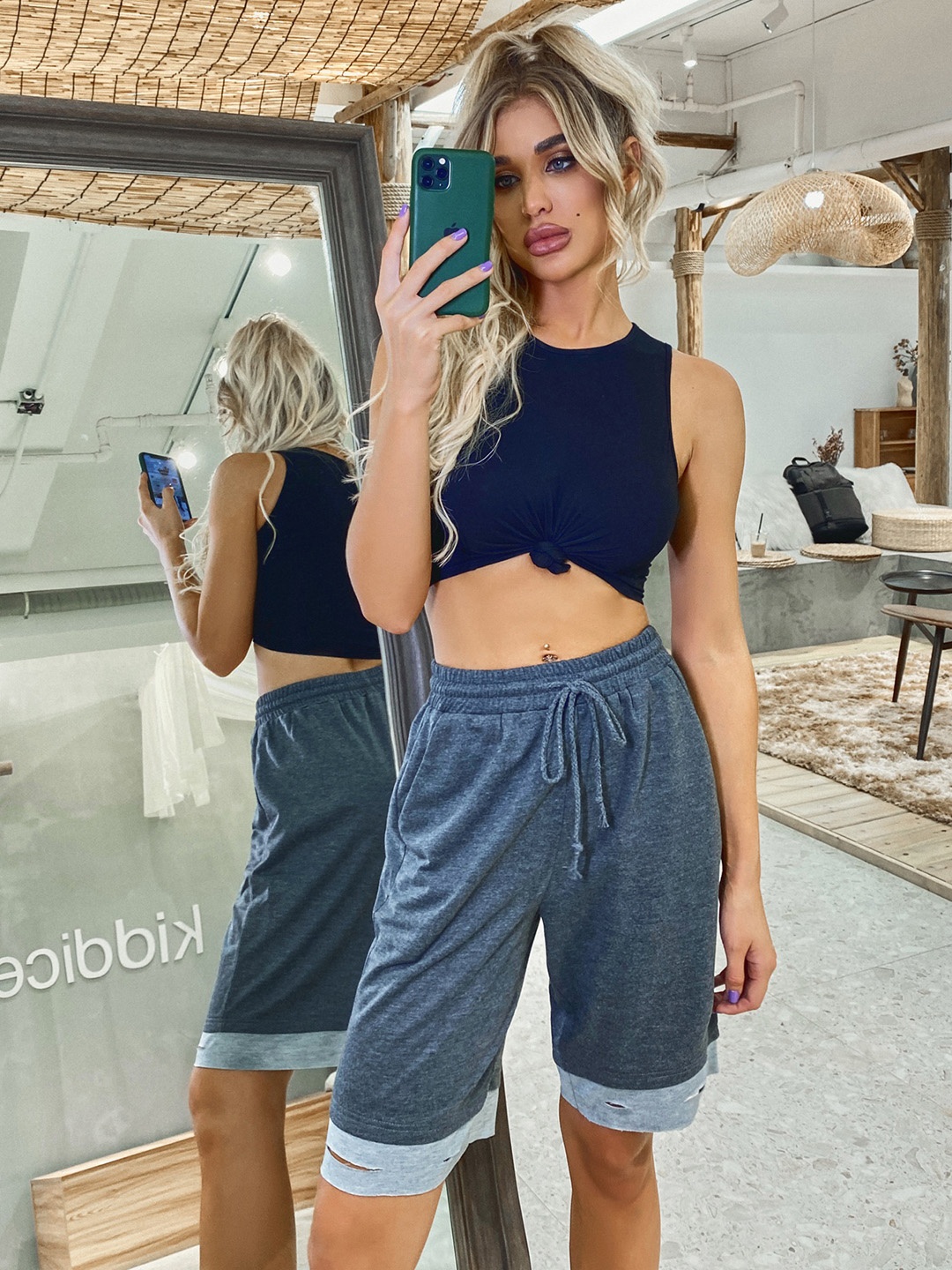 

URBANIC Women Charcoal Grey High-Rise Shorts with Patchwork Detail