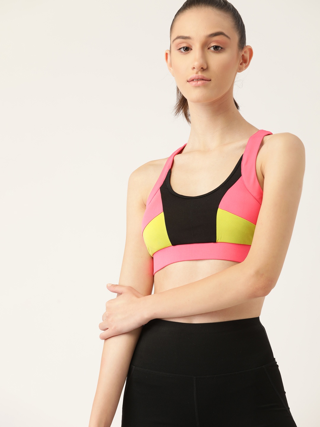 

DressBerry Pink & Black Colourblocked Lightly Padded Workout Bra