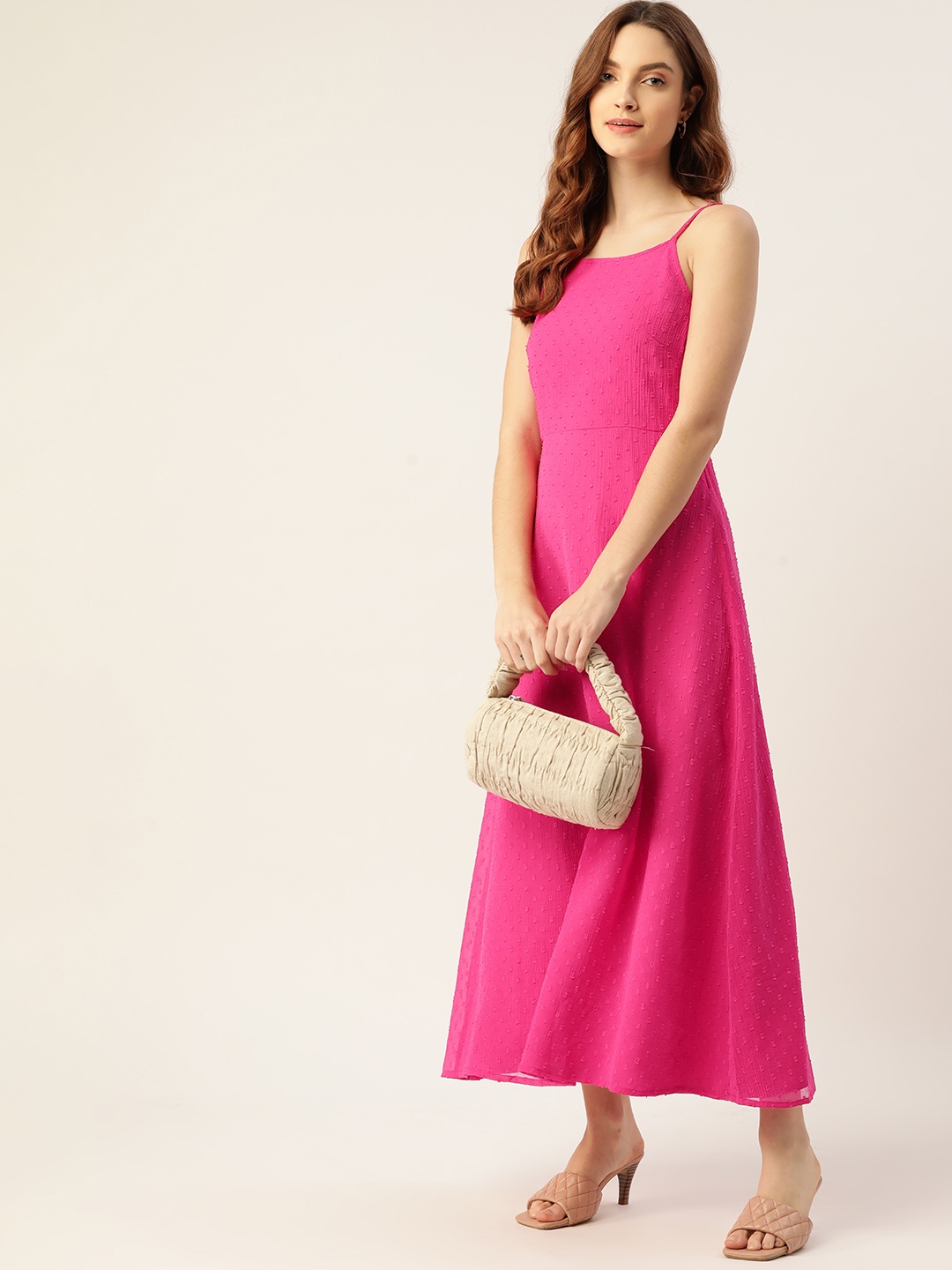 

DressBerry Pink Self Textured Dobby Shoulder-straps Maxi Dress