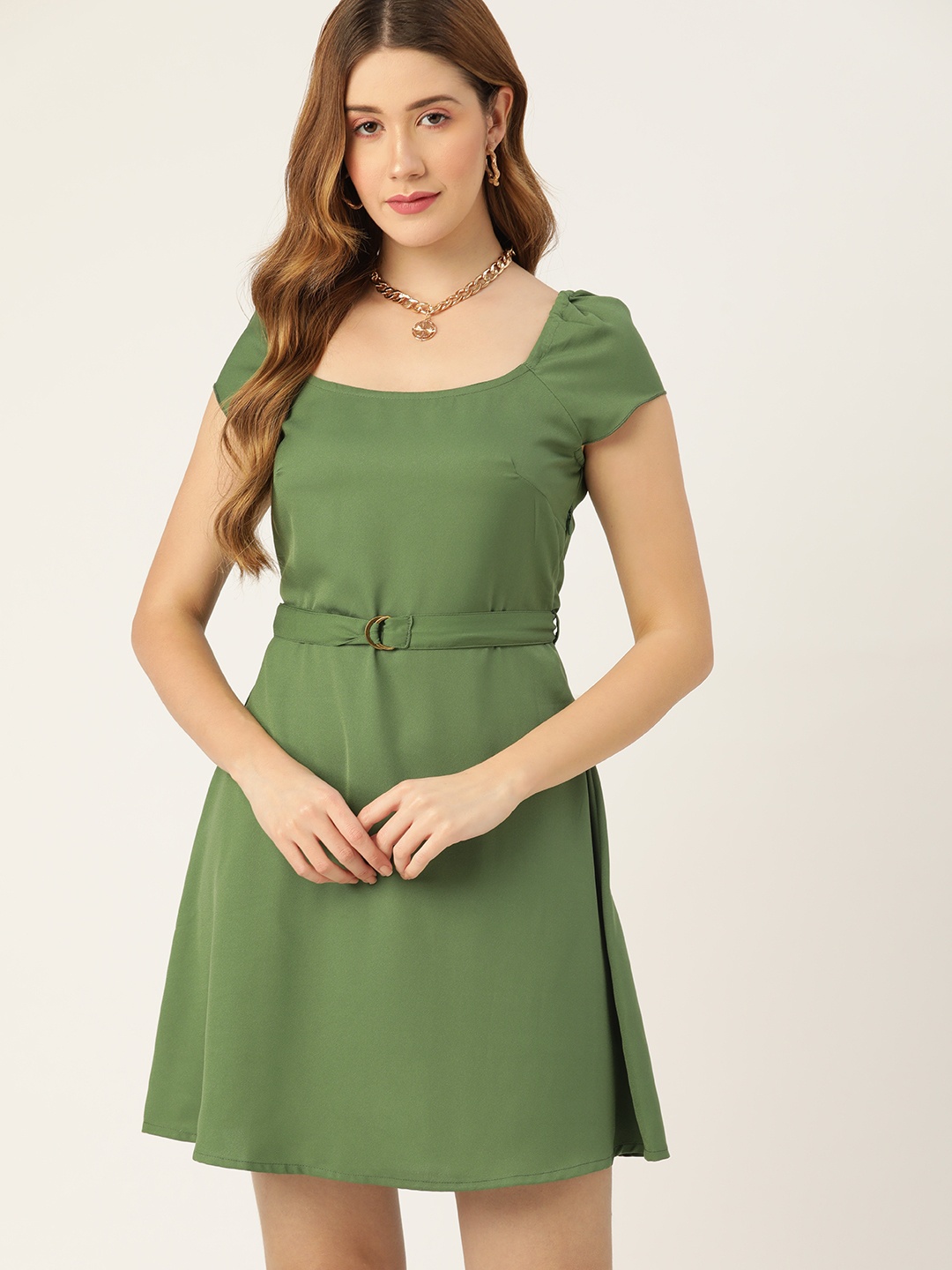 

DressBerry Green Solid A-Line Mini Dress with Belt