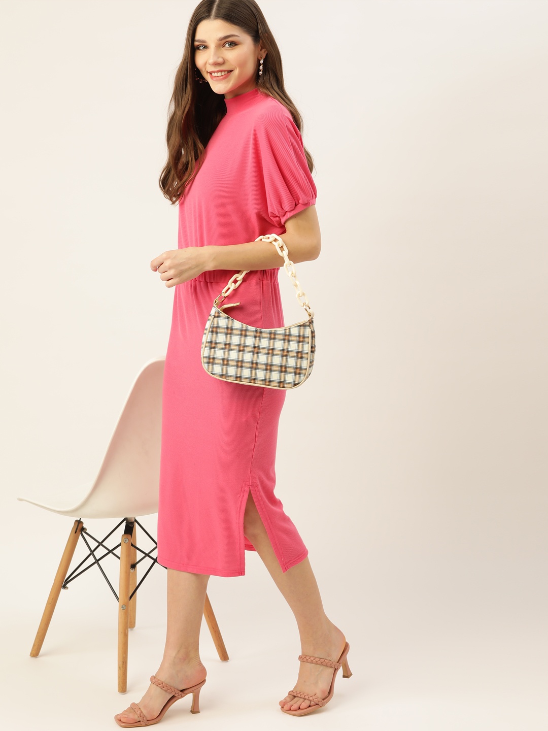 

DressBerry Pink Ribbed Sheath Midi Dress