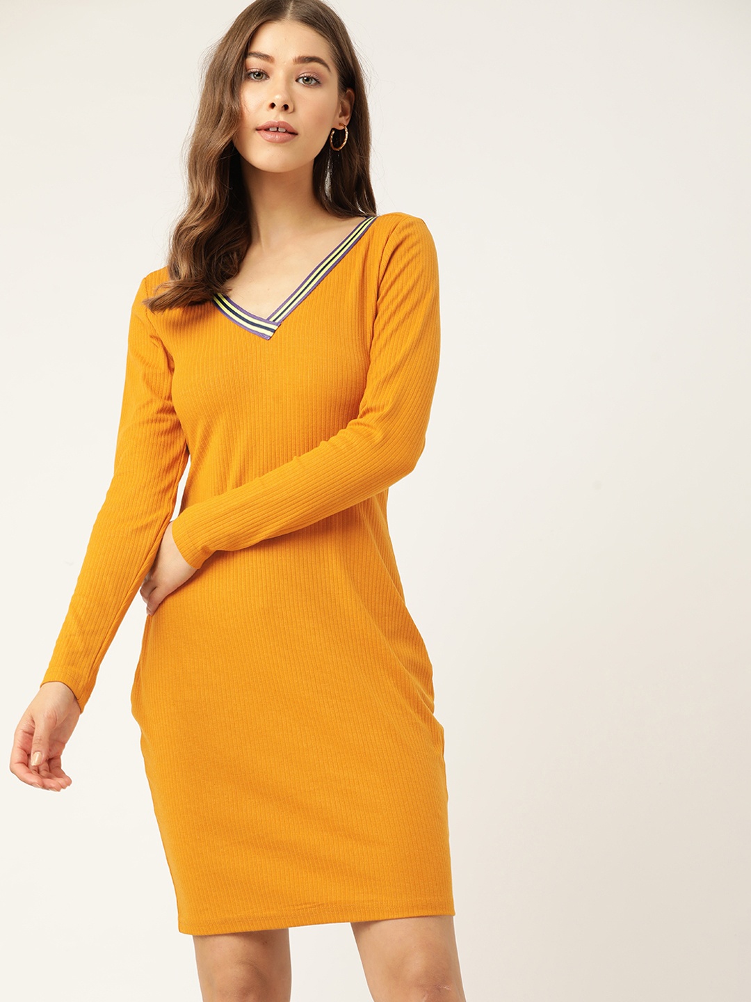 

DressBerry Mustard Yellow Solid Knitted Sheath Dress