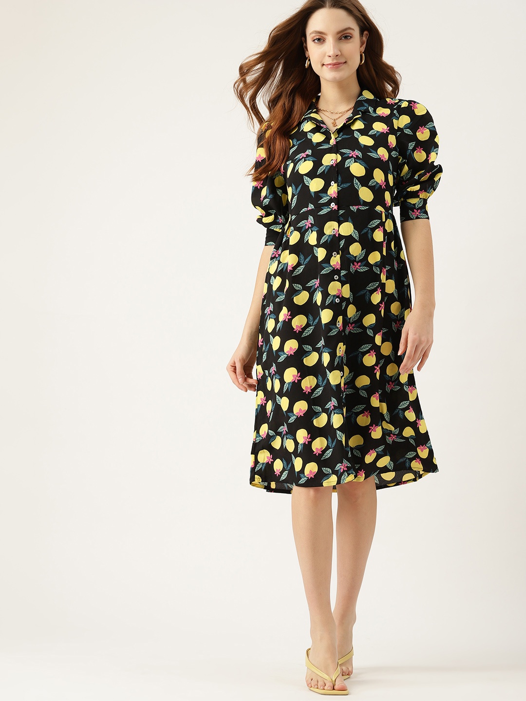 

DressBerry Black & Yellow Lemon Print Shirt Dress