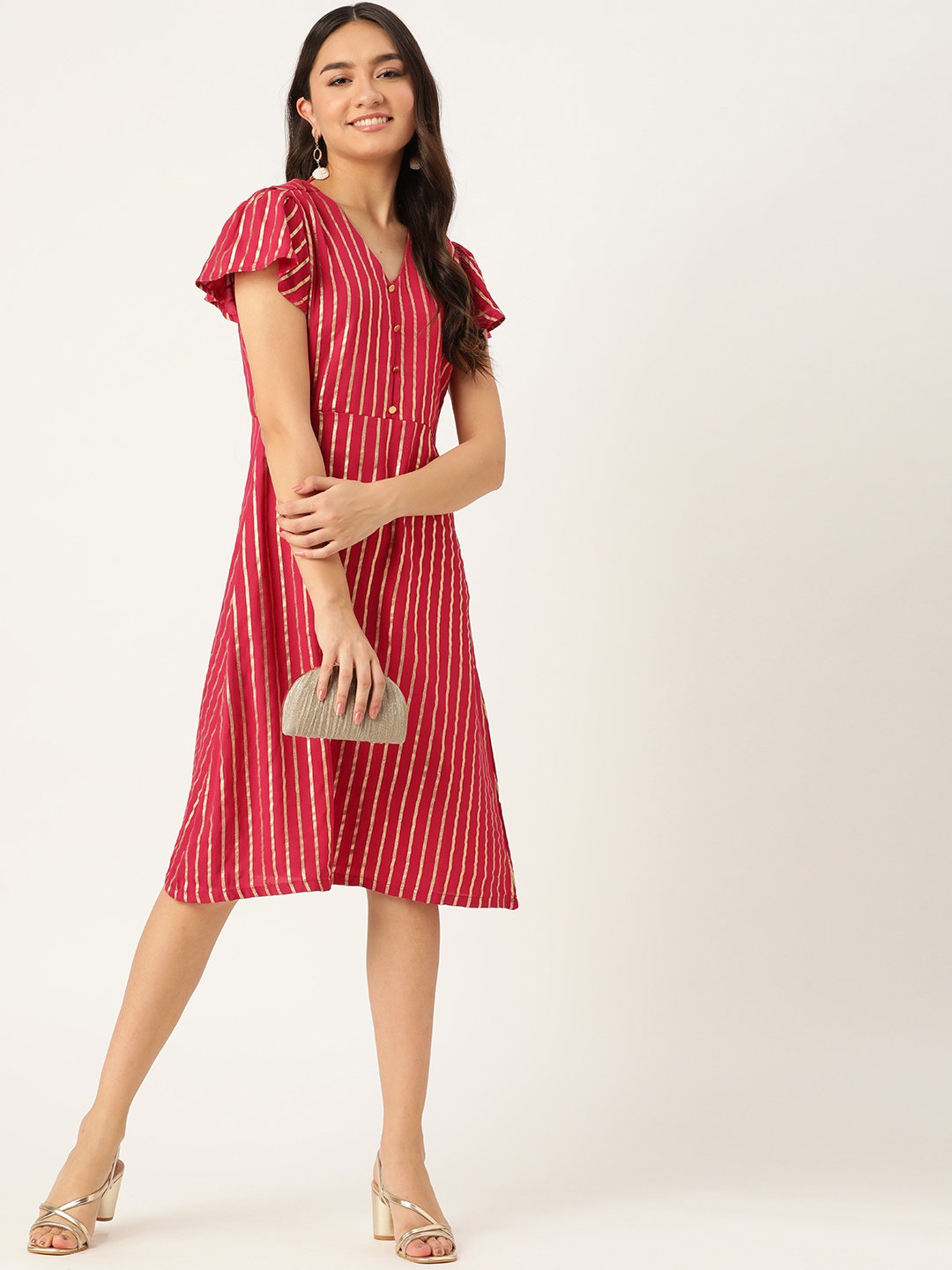 

DressBerry Red & Golden Foil Print Striped A-Line Midi Dress