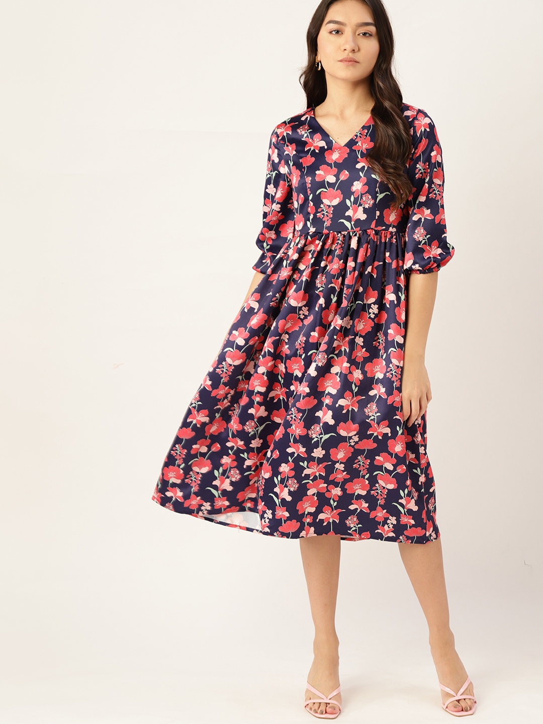 

DressBerry Navy Blue & Pink Floral Print A-Line Dress