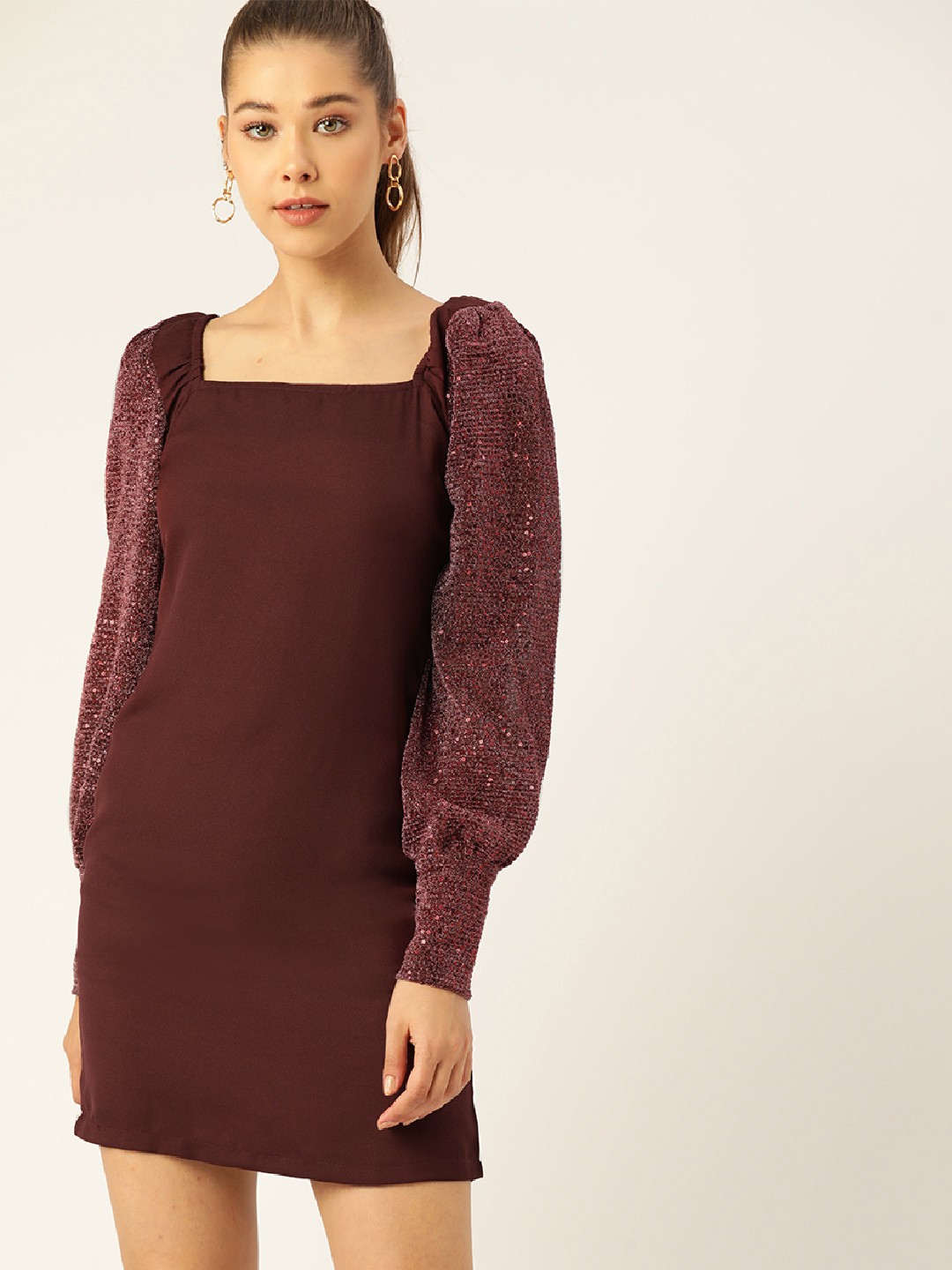 

DressBerry Women Coffee Brown Solid Sequined A-Line Mini Dress
