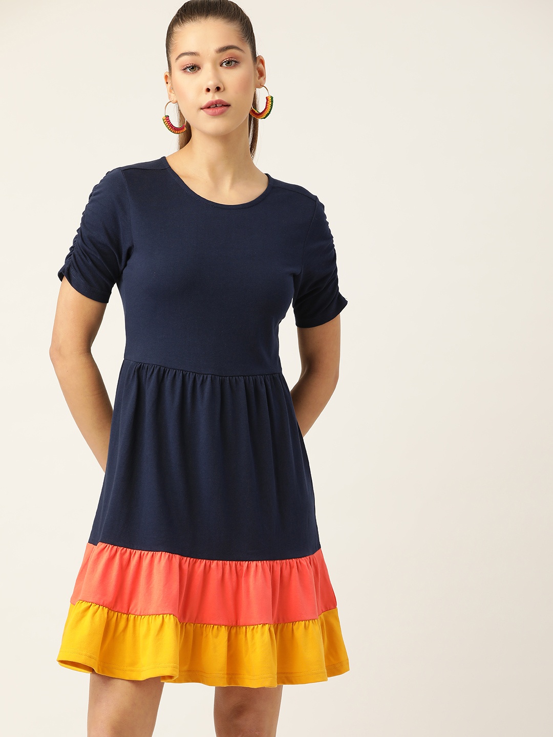 

DressBerry Navy Blue & Mustard Yellow Colourblocked A-Line Dress with Tiered Hem