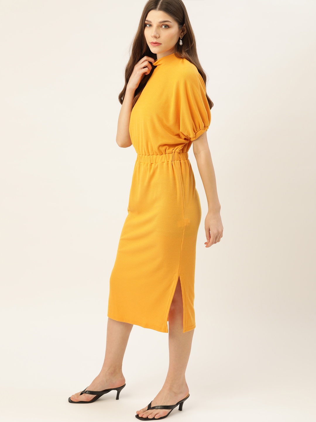 

DressBerry Mustard Yellow Ribbed Sheath Midi Dress