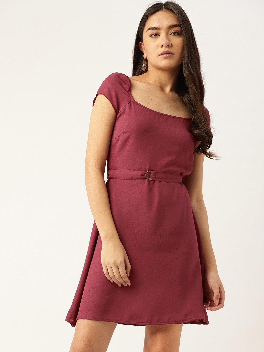 

DressBerry Women Burgundy Solid Belted A-Line Dress