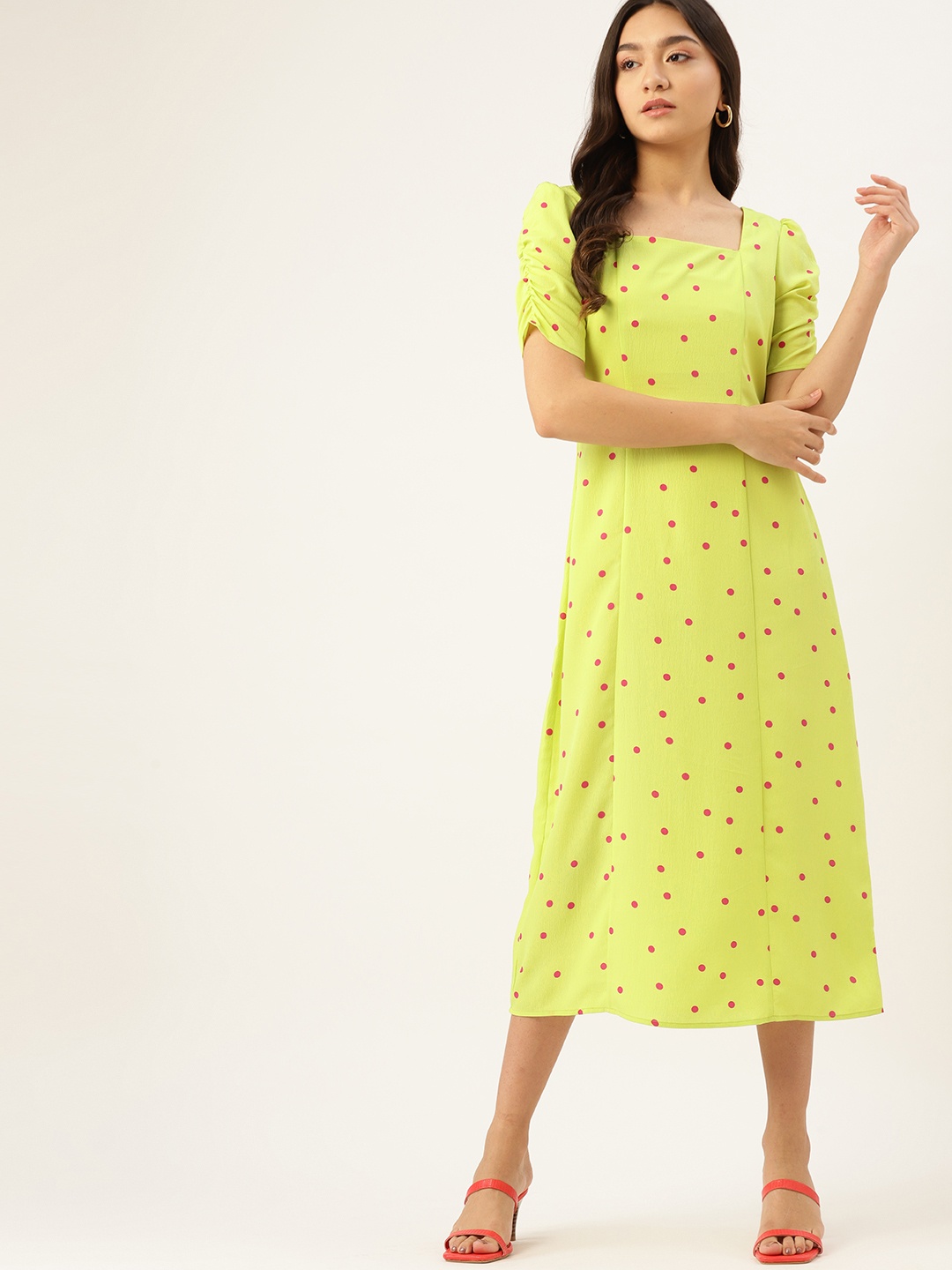 

DressBerry Green & Pink A-Line Polka Dot Print Midi Dress