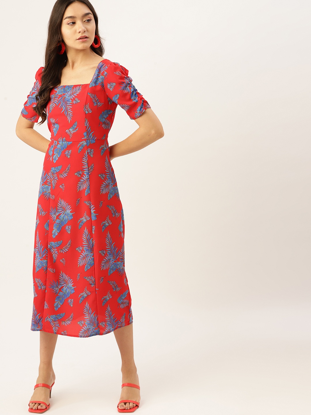 

DressBerry Red & Blue Printed A-Line Midi Dress