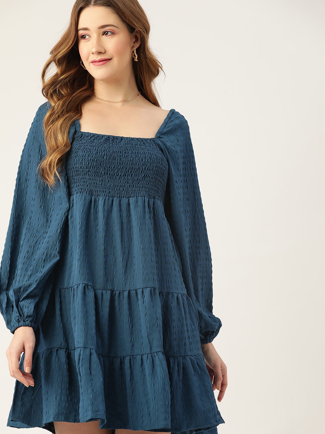 

DressBerry Women Teal Blue Self Striped A-Line Tiered Seersucker Dress