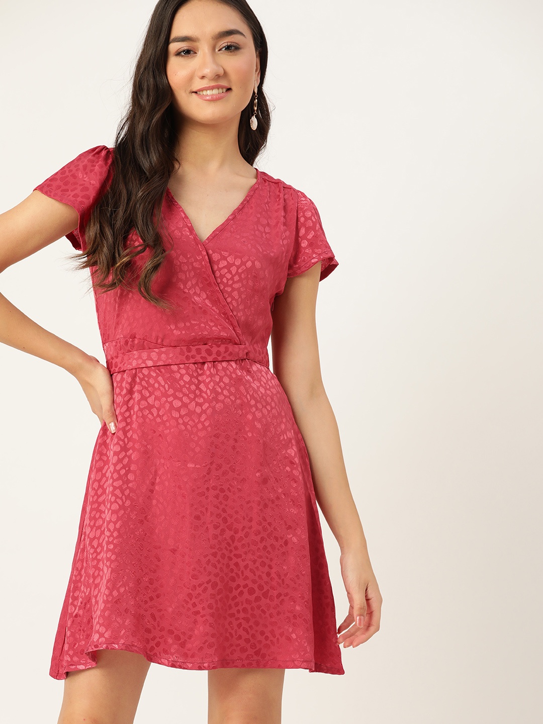 

DressBerry Coral Red Jacquard Wrap Dress