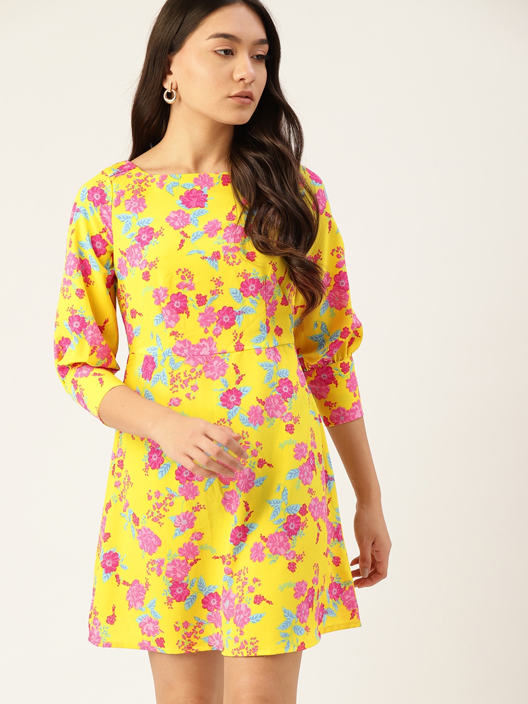 

DressBerry Yellow & Pink Floral Mini A-Line Dress with Tie-up on Back