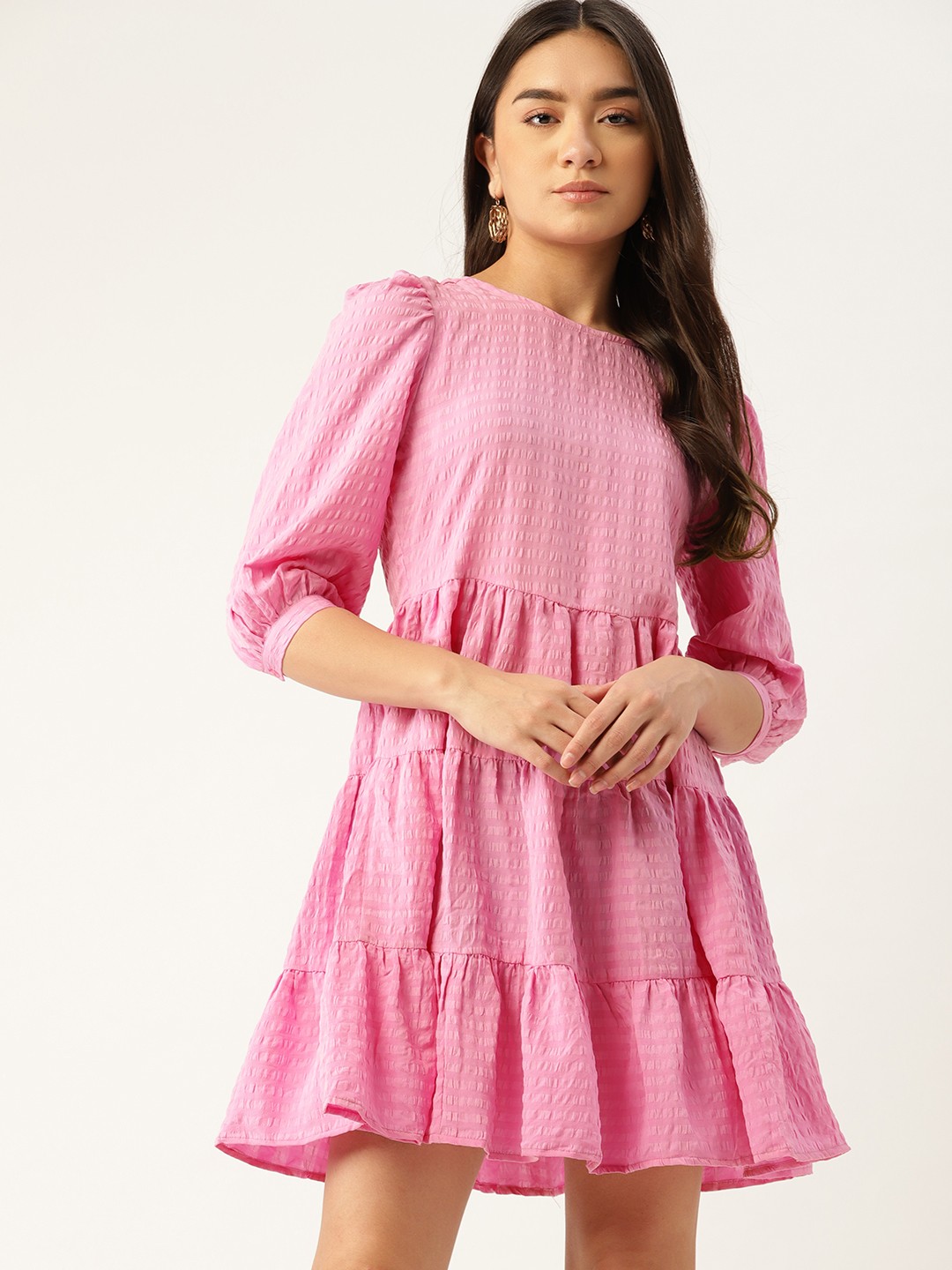

DressBerry Women Pink Self Design Tiered A-Line Dress