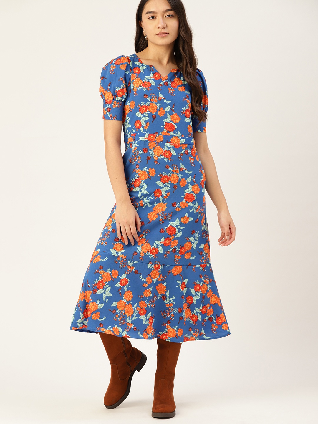 

DressBerry Blue & Orange Floral Print Midi A-Line Dress