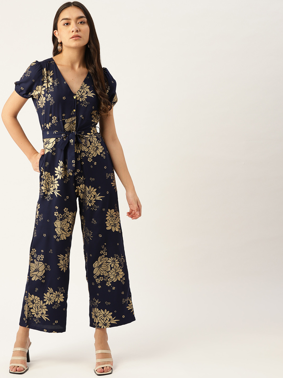 

DressBerry Women Navy Blue & Golden Floral Print Basic Jumpsuit