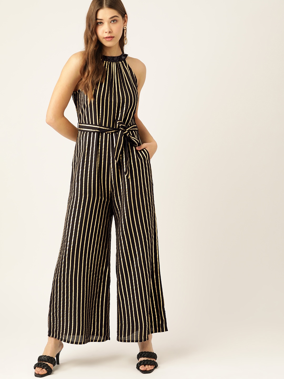 

DressBerry Black & Golden Striped Embellished Detail Jumpsuit Comes With A Belt