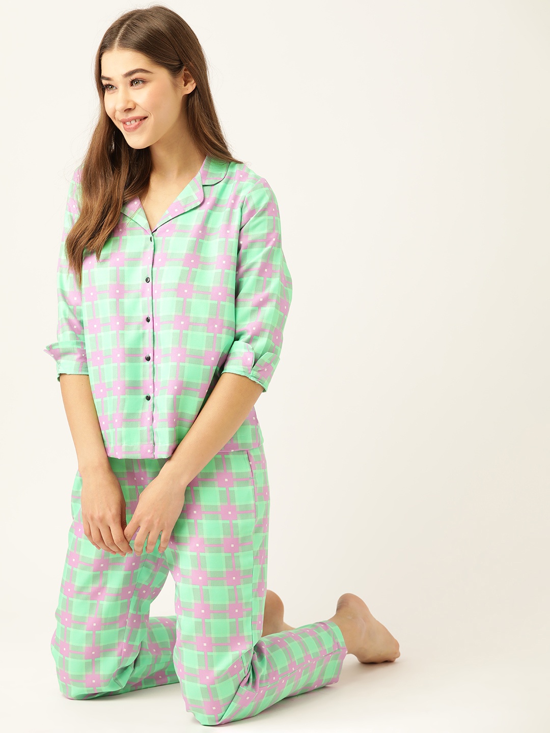 

DressBerry Women Sea Green & Lavender Checked Pyjama Set