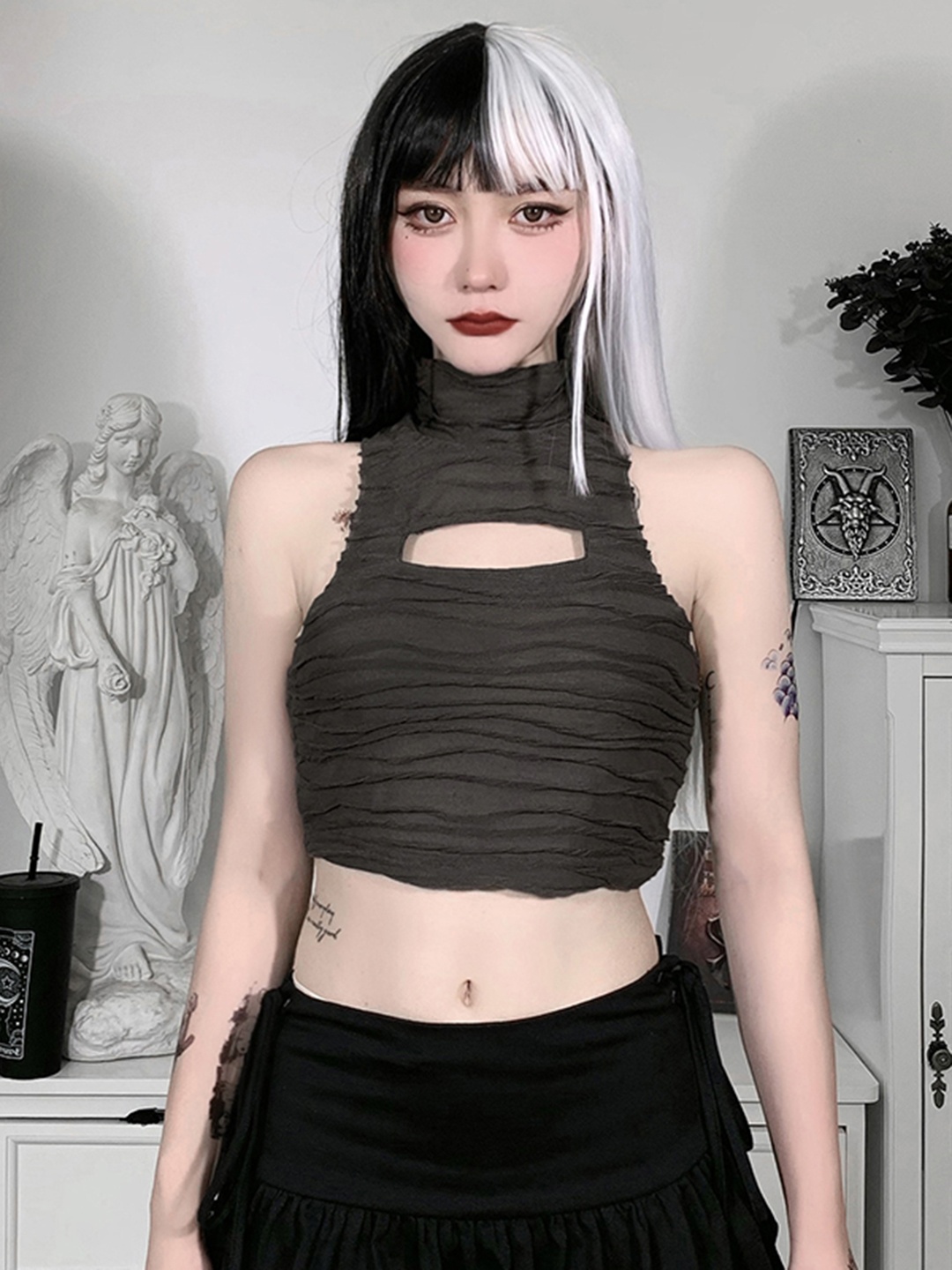 

URBANIC Black Pleated Cut-Out Fitted Crop Top