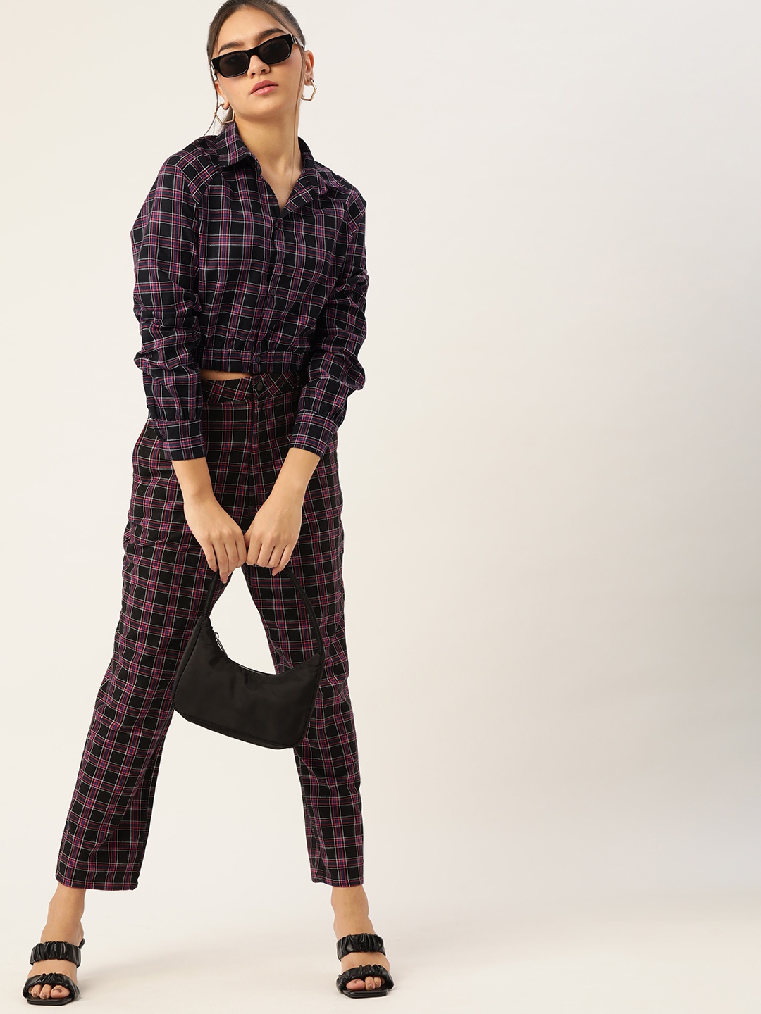 

DressBerry Women Black Pink Pure Cotton Tartan Checks Cropped Casual Shirt
