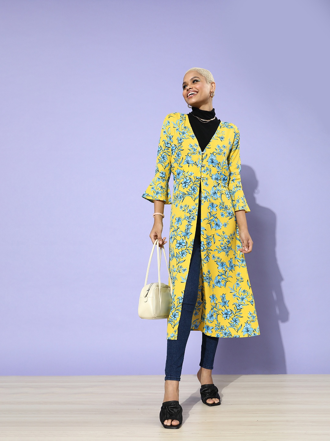 

DressBerry Women Bright Yellow Printed Bell Sleeves Shrug