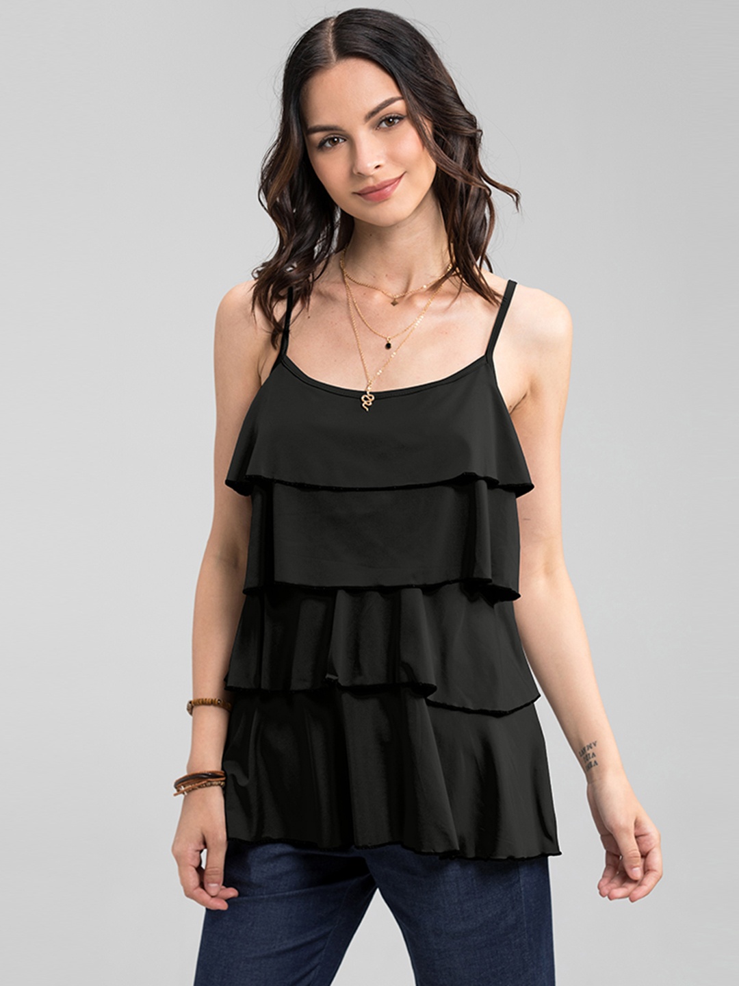 

URBANIC Black Solid Layered A-Line Top